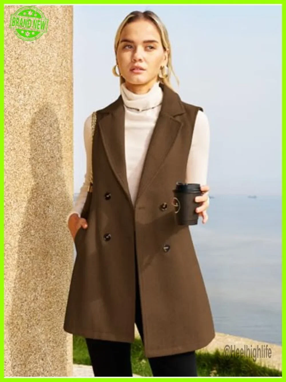 Women's Tweed Long Vest Sleeveless Herringbone Double Breasted Blazer Jacket